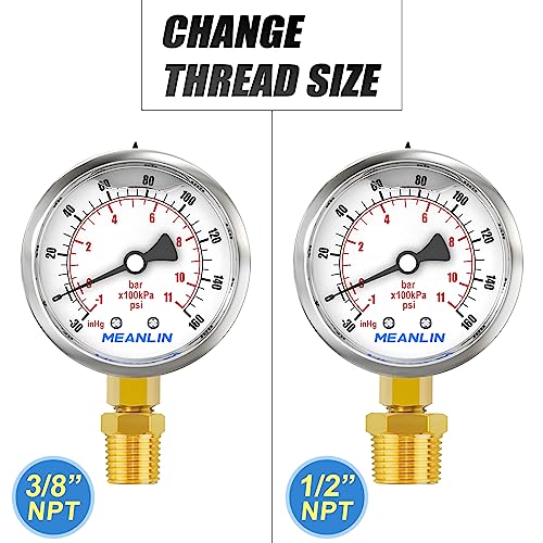 Image of MEANLIN MEASURE -30inHG~160Psi Stainless Steel 1 /4 inch NPT 2.5 inch FACE DIAL Vacuum Pressure Gauge, Lower Mount, with 1 /2 inch NPT and 3 /8 inch NPT Hex Bushing