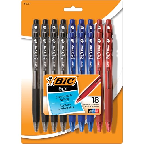 BIC BU3 Grip Retractable Ballpoint Pen, Medium Point (1.0mm), Assorted Colors, Retractable Colorful Ballpoint Pens for School and Office, 18-Count