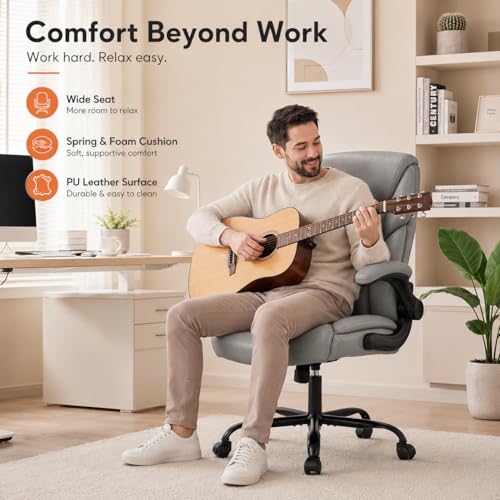 Image of Ergonomic PU Leather Office Chair - Executive Computer Desk Chair with Lumbar Support & Wide Seat, Adjustable Height Task Chair with 360 Swivel & Quiet Wheels for Home Office, Gaming, Gray