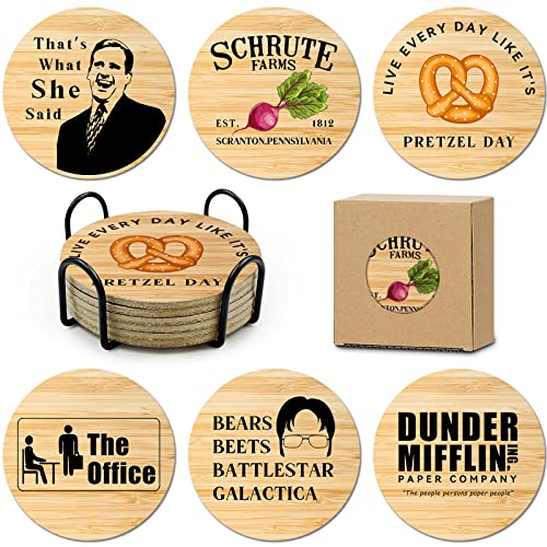 HSSPIRITZ 6 PCS The Office TV Show Merchandise cork Coasters for Drinks Funny Set with Coaster Holder Dunder Mifflin Kitchen Decor The Office TV Themed Gifts for Fans