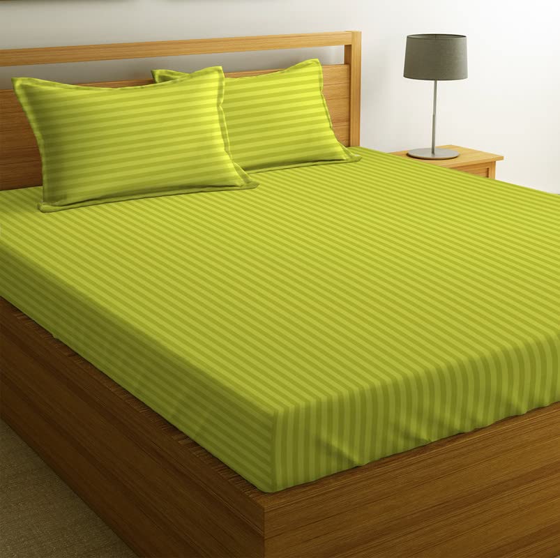 Image of BSB HOME 210 TC Premium Glace Cotton Striped /Lining Plain Bedsheet for Double Bed King Size with 2 Pillow Covers for Home-Hotels-Guest House- Green