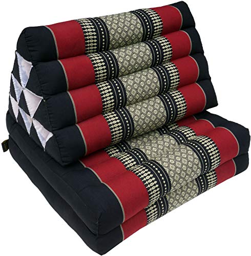 GURU SHOP Coussin thaïlandais triangulaire, kapok, lit de jour avec 2 coussins – Noir/rouge, 30 x 50 x 120 cm, coussin de siège asiatique, tapis thaï