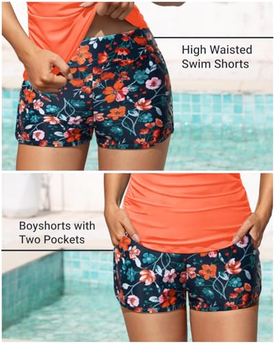 Image of Women Tankini Swimsuit with Shorts Two Piece Tummy Control Bathing Suit | Pockets,Tummy Control,Removable Bra Pads,Quick Dry,Adjustable Shoulder Straps