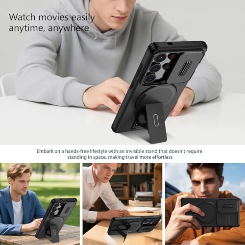 Image of ShieldTech MagStand Series Case for Samsung Galaxy S25 Ultra 5G, Mobile Phone Cover with Sliding Camera Shield, Kickstand, MagSafe, Shockproof for Samsung Galaxy S25 Ultra 5G - Black