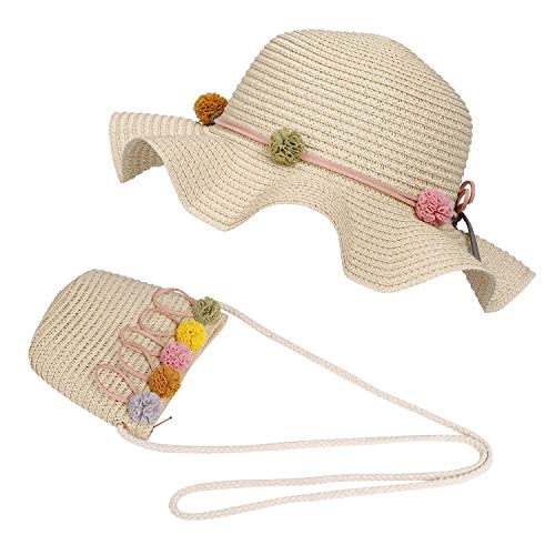 FT-SHOP Sombrero de Paja Niñas Gorra de Sol Chica y Bolsillo Set con Decoracion de flores Gorro de...