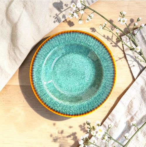 Image of Premium Pasta Plate, Ceramic Plate for Pasta, Small, Round & Deep Dish, Microwave & Dishwasher Safe, Handmade Stoneware, Elegant Tableware for Every Occasion, Ocean Blue, 7.5 Inch