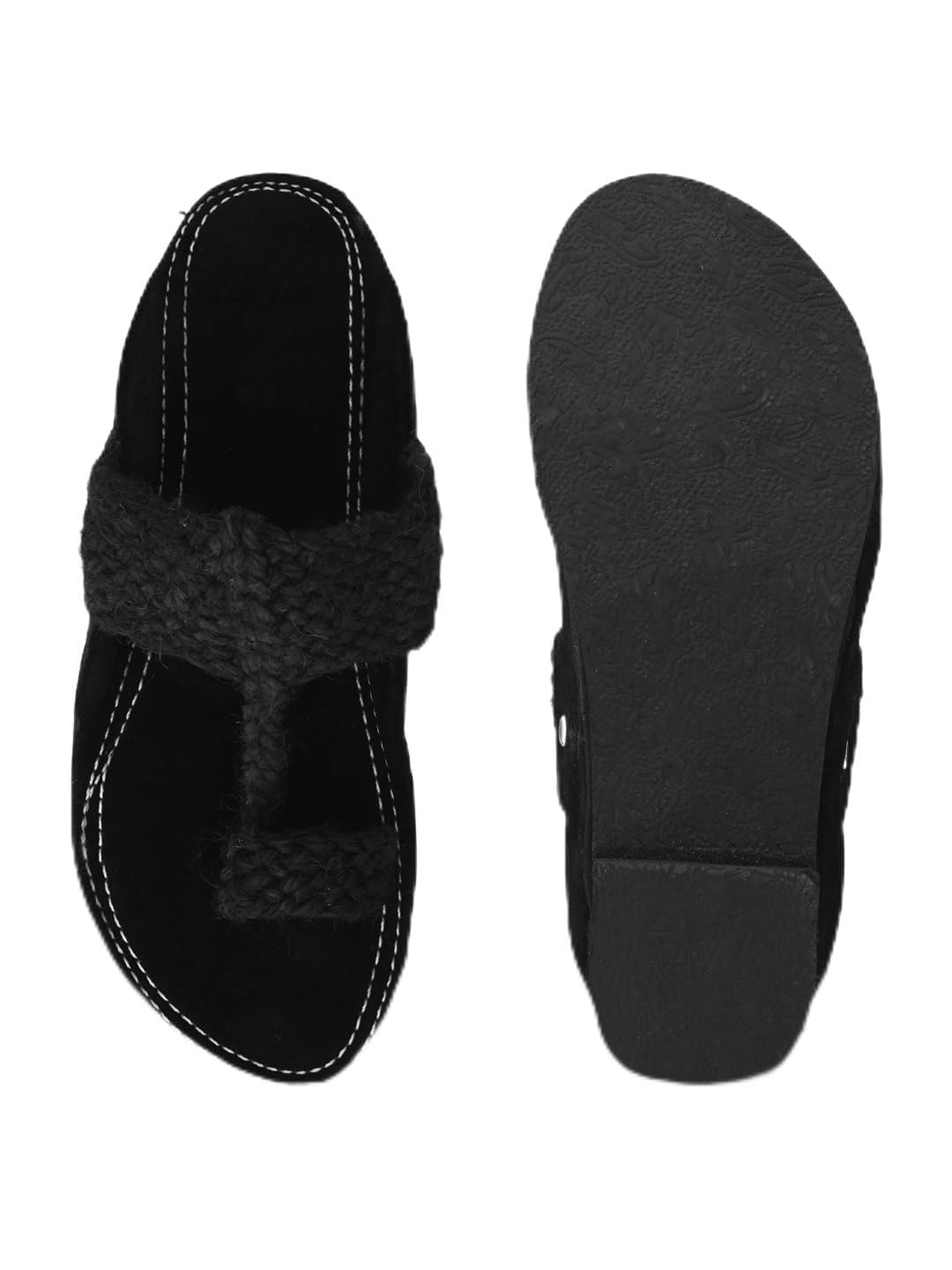 Men's T-Strap Valvet Sandal Chappal Braided Straps Flat Sole Contrast Stitching Casual Footwear-image-39