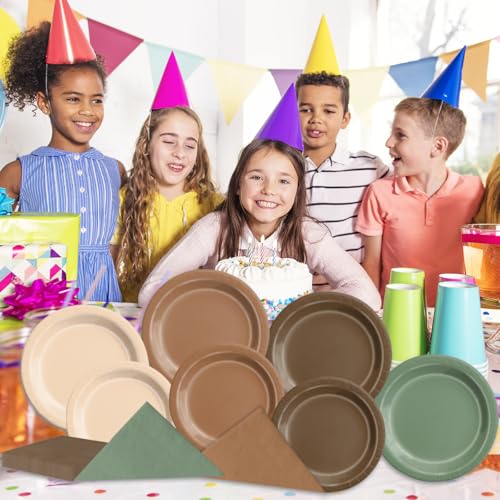 Image of CMUSKO Woodland Baby Shower Decorations - 60pcs Brown Sage Green Forest Animal Theme Plates & Napkins Kit - Safari Party Supplies for Birthday, Baby Shower Neutral