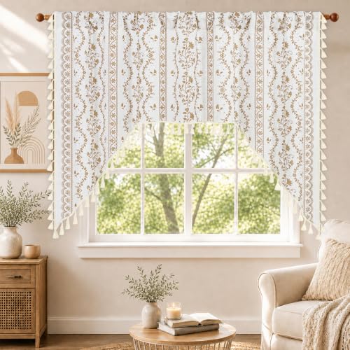 Image of Yinhua Boho Swag Valance Curtains Vintage Linen Valances for Windows Light Filtering Floral Kitchen Valance Rod Pocket Rustic Tassel Window Valances for Bathroom Cafe, 60 inch W x 36 inch L, White Beige