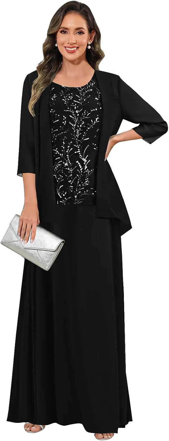 3/4 Sleeves Mother of The Bride Dresses for Women Chiffon A Line 3 Pieces Lace Long Formal Wedding Guest Dress