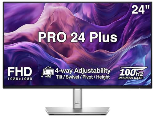 Dell PRO 24 Plus 24' FHD IPS Monitor with 4-Way Adjustability - Tilt/Swivel/Pivot/Height, Anti-Glare, Flicker Free, 250 nits Brightness, VESA Mount, Displayport, HDMI, Black/Silver