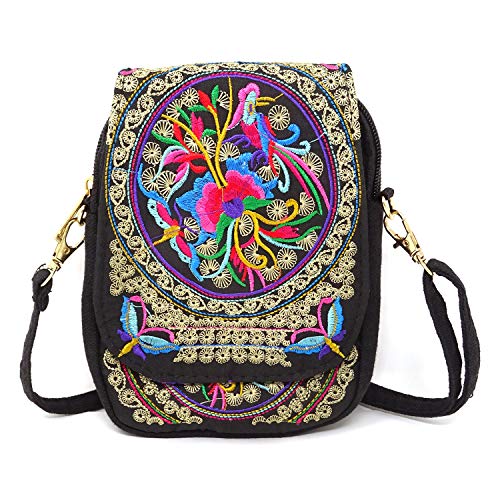 Honbay Yunnan Ethnic Style Handmade Embroidered Crossbody Bag Mini Flip Canvas Shoulder Bag for Women and Girls