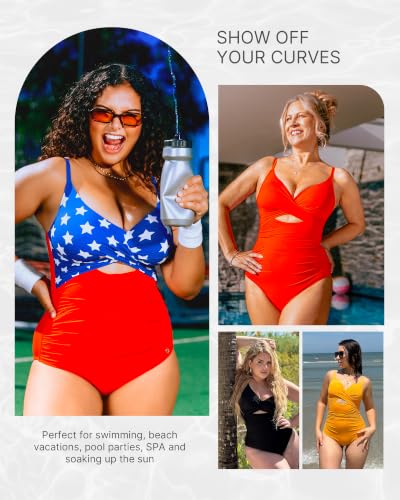 Image of SHAPELLX Tummy Control Swimsuits Women V Neck One Piece Bathing Suit Ruched Push Up Slimming Swimwear Built-in Bra