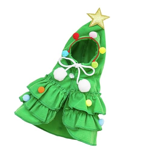 ペットマント フード付き マント 犬服 猫服 クリスマス 可愛い ポンポン付き サンタ仮装 変装 コスプレ衣装 小道具 秋冬 防寒 保温 暖かい 犬猫用 被り物 (グリーン,M)