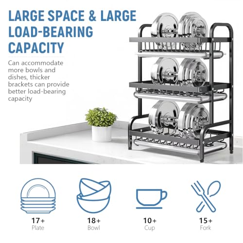Image of HASTHIP BrandName 3-Tier Kitchen Dish Drying Rack with Utensils Organizer Stand and 3 Removable Drip Trays, Metal Wire Kitchen Counter Dish Rack with Cutlery Holder, Chop Board Holder & Hooks,