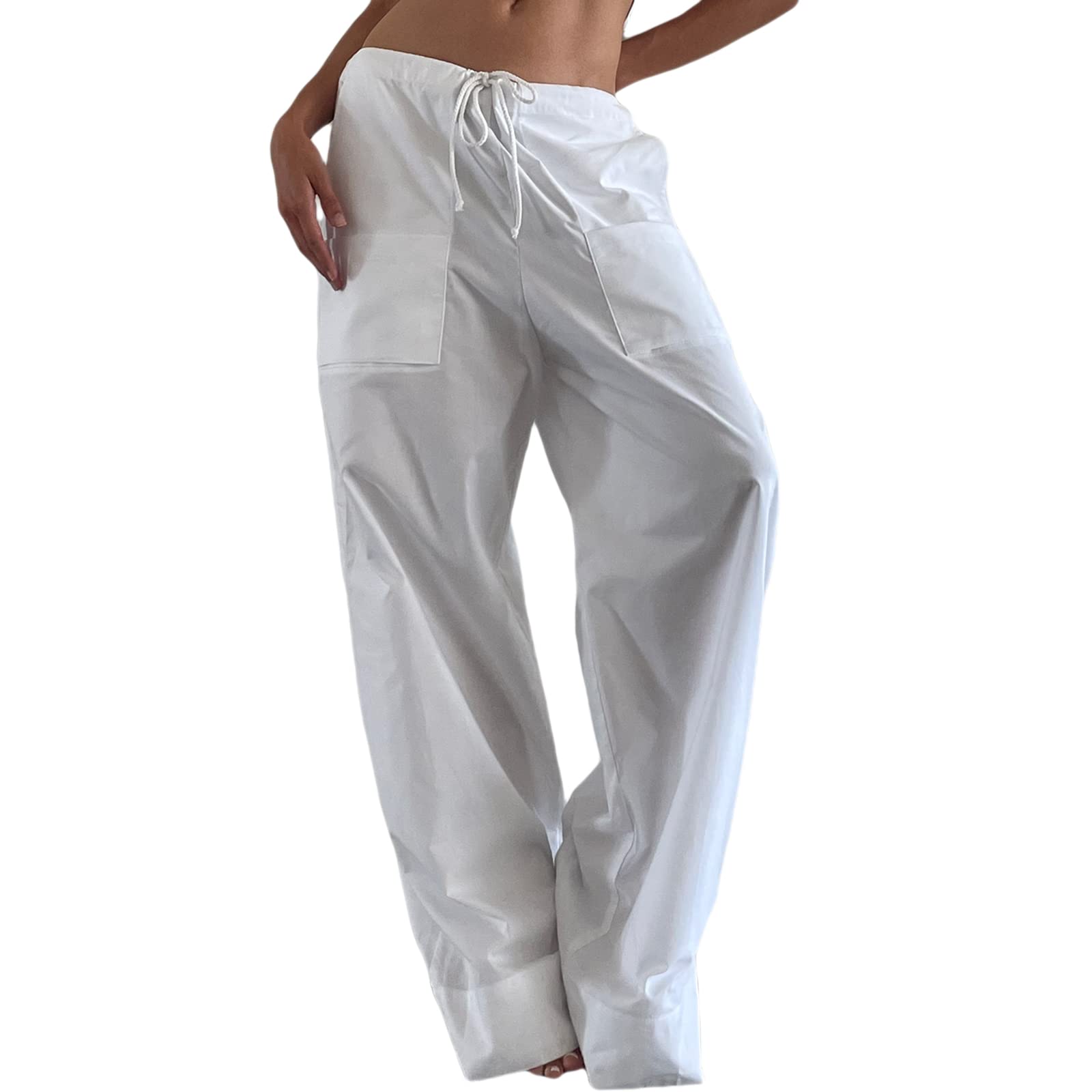 Women Casual Wide Leg Pants Drawstring Low Waist Solid Color Loose Trousers with Pockets
