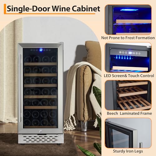 Image of OUTLANE 15 Inch Wine Fridge - 28 Bottles Wine Cooler Refrigerator Built-In or Freestanding, 110V /60HZ, 41-65F Temperature Control, Digital Led Touch, Glass Door, for Bar, Home, Office