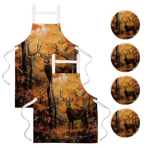 Tablier de cuisine lot de 2 réglable avec poches imprimé renne forêt d'automne