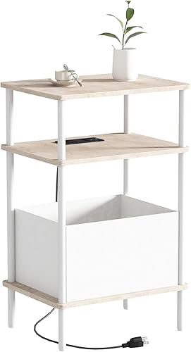 Miniatura 12 de Mesa auxiliar pequeña con estación de carga, Mesa auxiliar para espacios pequeños, Mesita de noche delgada con tomacorriente, Mesa auxiliar para