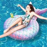 Herefun Schwimmring Meerjungfrau, Schwimmreifen mit Getränkehalter & Griff, Schwimmring Erwachsene Haltbar, Aufblasbarer Schwimmring Sitz, Aufblasbarer Schwimmreifen für Sommerpool Party (Rosa)