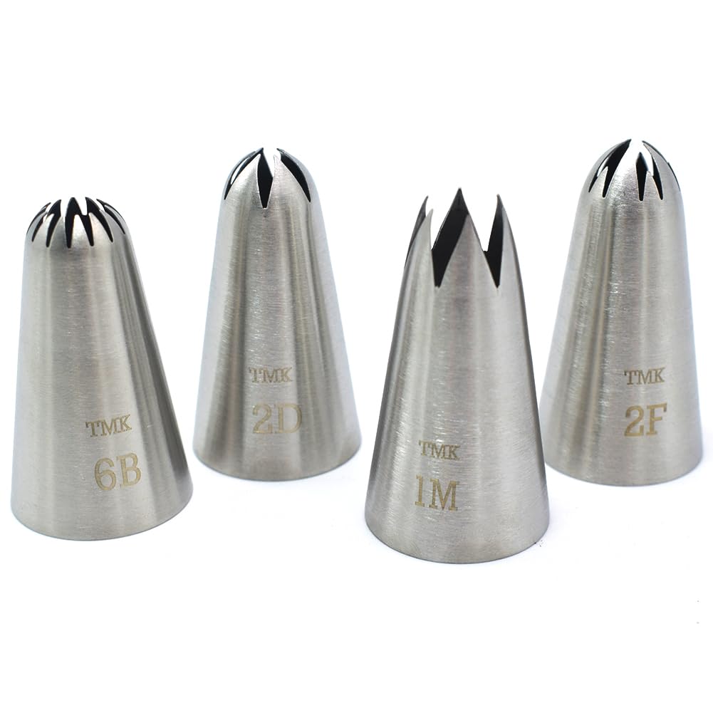 Tumenque 4 Pack Stainless Steel Seamless Piping Icing Tips #1M 2D 2F 6B, Large Piping Nozzle, Cake Decorating Tools for Baker