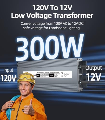 Image of Low Voltage Transformer 300W, IP67 Waterproof LED Power Supply Driver, AC 100-130V to DC 12V Quiet Converter Power Adapter for Indoor Outdoor LED Light Strip, Computer, Landscape Lighting Project