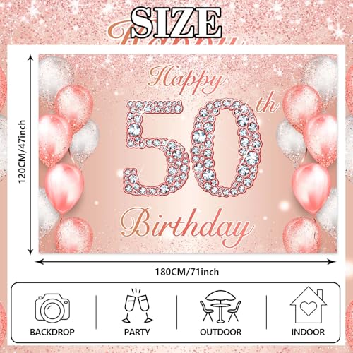 Image of Happy 50th Birthday Rose Gold Banner Cheers to 50 Years Old Backdrop Confetti Balloons Theme Decor for Women 50 Years Old Pink Birthday Party Decorations Bday Supplies Background Favors Gift Glitter