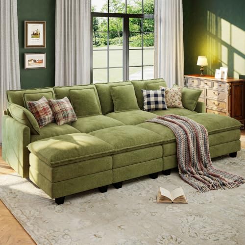 Image of 107 inch Cloud Couch Sectional Modular Sofa, Deep Seat Couches with Ottoman and Removable Washable Pillows for Living Room, Bedroom, Apartment, Green