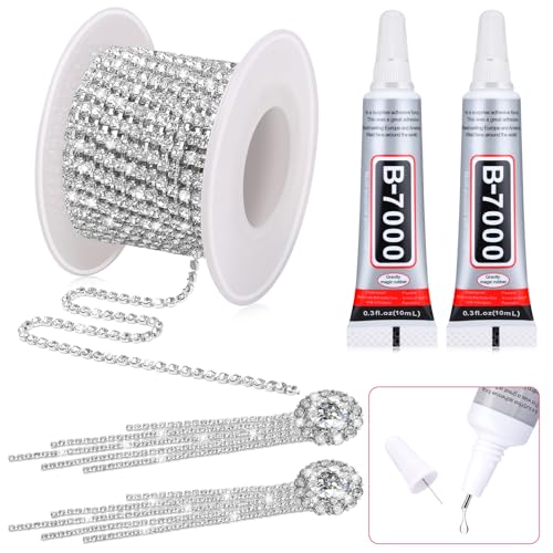 B7000 Clear Glue Crystal Rhinestone Close Chain Trim 8 Yards 2MM Silver Rhinestone Chain Clear Beads for Sewing Clothes Cups DIY Craft Jewelry Wedding Bouquet Decoration