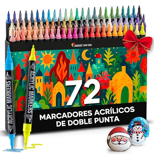 Zenacolor - 72 colores Rotuladores Acrilicos con Doble Punta - Punta Fina y de Pincel - Marcadores Acrílicos para Diferentes Superficies