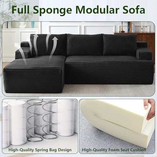 Image of 96 inch Modular Sectional Sofa, Modern Corduroy Cloud Couch with Side Pockets, Boneless Couch Upholstered 3-Seater L-Shaped Sofa for Living Room, No Assembly Required (Black, Left-Facing Chaise)