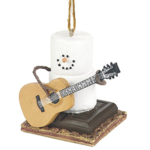 Snowman Ornament - Marshmallow Snow Man Playing Guitar On S'mores Chocolate and Graham Cracker - Holiday Christmas Tree Decor