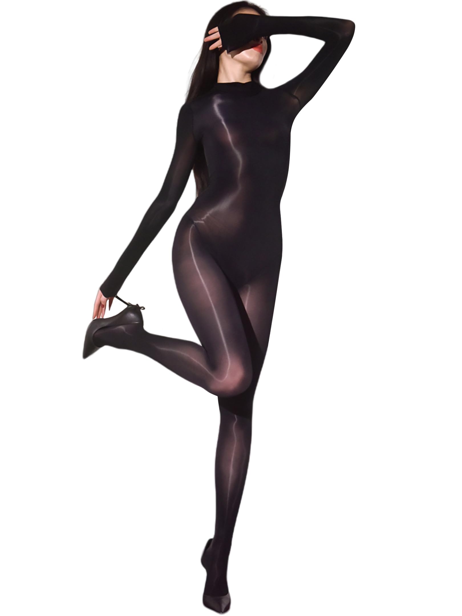RUIBAVYA Bodystocking Combinaisons Sexy Femme Catsuit Nylon Manches Longues Bodystocking Lingerie Transparente