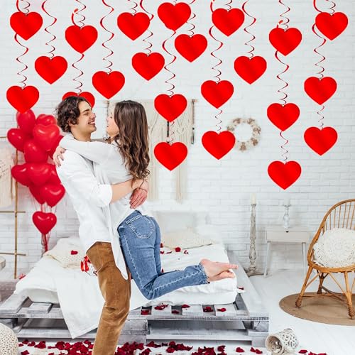 Image of PartyGarden Red Hanging Heart Party Decorations - 24 Pcs Pre-Assembled Ceiling Hanging Swirls for Valentines Day, Galentines Day