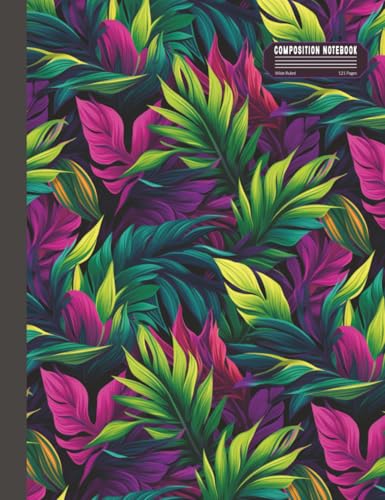 Wide Ruled Composition Notebook: Midnight Jungle Tropical Foliage Journal with Lush Exotic Leaves in Jewel Tone Purples and Greens | Softcover Writing ... for Students, Professionals, and Plant Lovers