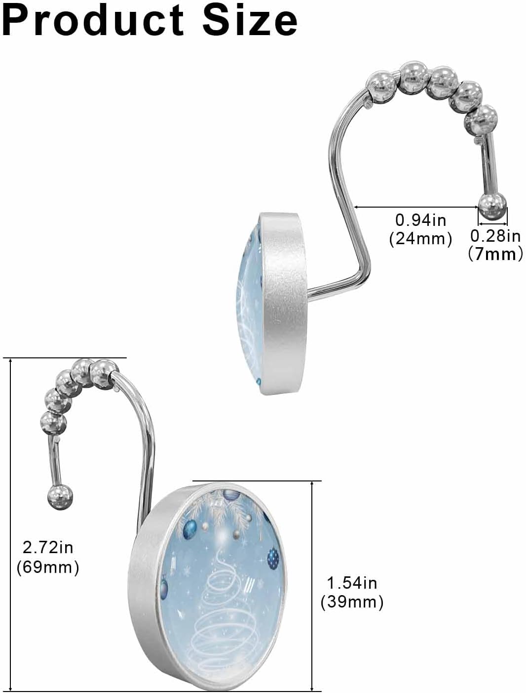 Shower Curtain Hooks 12 Pcs Christmas Winter Xmas Tree Needle Ball Snowflake Blue Stainless Steel Rust Proof Rolling Shower Curtain Rings, Decorative Shower Curtain Hooks Hangers for Bathroom