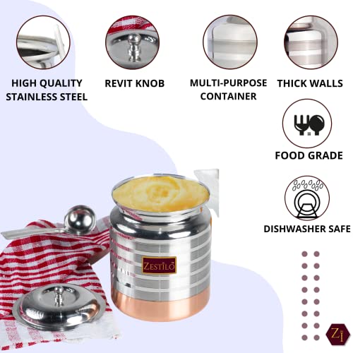 Image of Stainless Steel Oil /Ghee Jar Ghee Container Oil Pot Ghee Container With Spoon Copper Bottom Finish (750 Ml), Blue-Violet
