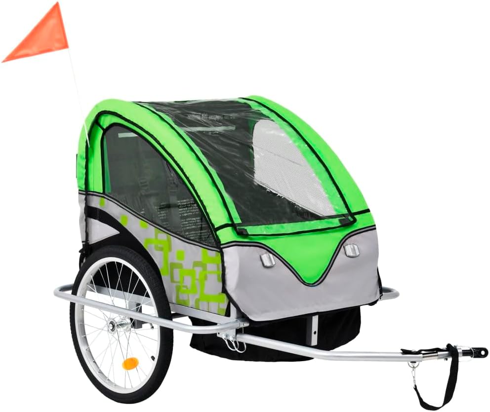 vidaXL2-in-1 Kids' Bicycle Trailer & Stroller, Green and Grey, Water-Resistant Oxford Fabric, High-Visibility, Safety Harness and Handbrake, Foldable, Suitable for 1 to 2 Children