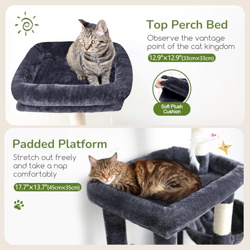 Image of Globlazer 52in Cat Tree Tower for Indoor Cats, 2 Condos, S52, Dark Grey | Multi-Level Plush House, 5 Sisal Scratching Posts, 2 Padded Top Perches, Big Metal Basket, Stable Enlarged Base