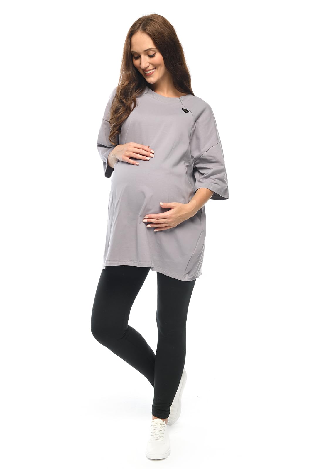 MijaCulture T-shirt 2 en 1 / Homewear / Chemise de nuit d'allaitement et de grossesse M024 Ambre (gris, L/XL)