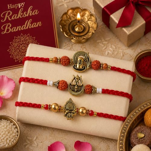 Image of Premium Set of 3 Rakhi for Brother with Greeting Card | Raksha Bandhan Trishul Design Rakhee Thread | Shivling & Ganesha Rakhi Gift Set for Brother, Bhaiya & Bhabhi | Traditional Designer Rakhi Combo