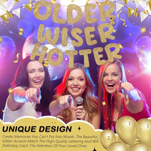 Image of Fulmoon Set of 3 Pre Strung Older Wiser Hotter Glitter Banner Funny Birthday Banner for Women 30th 40th 50th 60th 70th 80th Birthday Party Decorations Sign Gift(Champaign Gold)