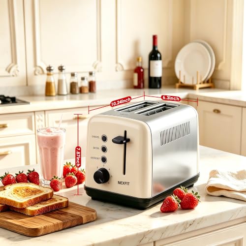 Image of Toaster 2 Slice, Stainless Steel, 6 Shade Settings, 1.5 inch Extra Wide Slots | NEXFIT Retro Toaster with Bagel, Defrost, Reheat & Cancel Functions, 900W, Removable Crumb Tray, High Lift, Cord Wrap, Beige