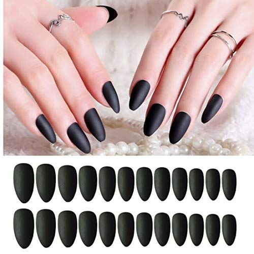 Umillars 24pcs Matte Pure Color Stiletto Nails False Gel Nails Art Tips Sets Full Cover Medium Almond Shape Acrylic Fake Nail Tips Gel (Matte Black)