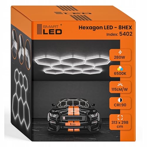 Garagenlampe Hexagon LED 313x298 cm 8er Set Werkstattbeleuchtung 280W 6500K Kaltweiß 115LM/W IP54 Flimmerfrei CRI>90 LED Panel Lichtsystem für Garage Studio Detailing Büro