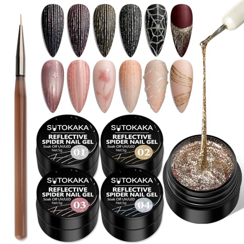 SUTOKAKA Reflective Glitter Spider Gel 4 Colors Sparkle Diamond Sliver Gold Pink Elastic Spider Gel Polish Nail Designs Paint Wire Drawing Gels Polish for Line DIY Manicure Home or Salon Use