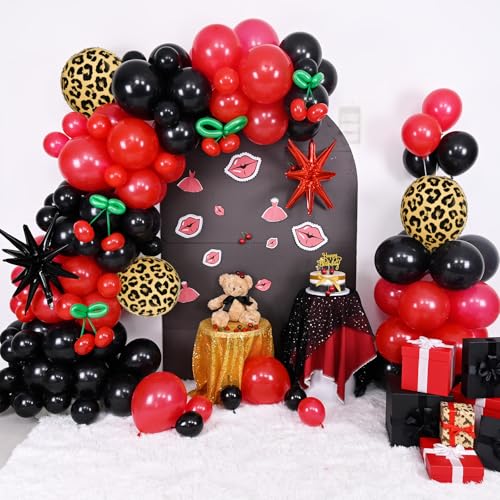 Image of Red Black Balloons Garland Arch Kit, 133pcs Green Cherry Black Red Explosion Star Foil Balloons, 4D Cheetah Print Mylar Balloons for Berry Themed Birthday Baby Shower Bachelorette Party Decorations