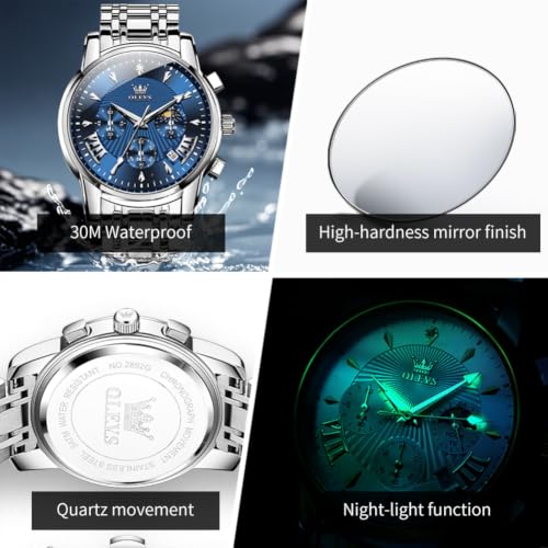 Image of OLEVS Watch for Men Classic Business Dress Analog Quartz Stainless Steel Waterproof Luminous Date Diamond Men Silver Watch