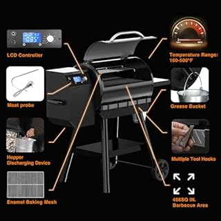 Blatomic LCD Control Wood Pellet Smoker Grill, 456 SQ. IN Cook Area, Pellet Grill with Auto Feed & Leaking Waste, 500°F Max Temperature, 8 in 1 BBQ Grill with Meat Probe, Side Table with Hooks(Black)