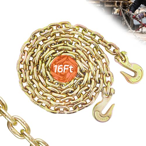 Image of Transport Binder Chain 3 /8 Inch x 16 Foot | Safety /Binder Chain with Clevis Grab Hooks 7100 lbs WLLHeavy Duty Chain for Transporting,Towing,Tie Down and Binding Equipment (3 /8'' x 16FT,Yellow Zinc)